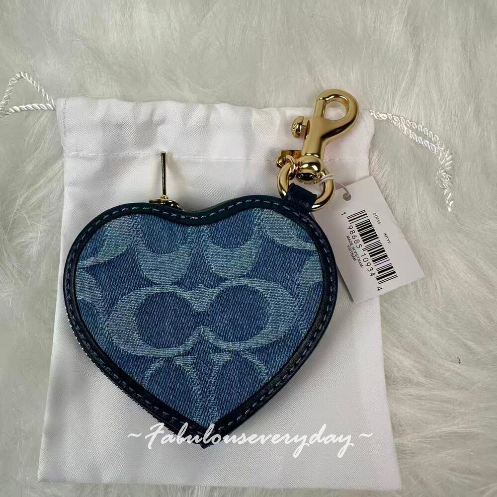 Coach Heart Bag Charm In Signature Denim/Gold/Indigo CDF55 NWT